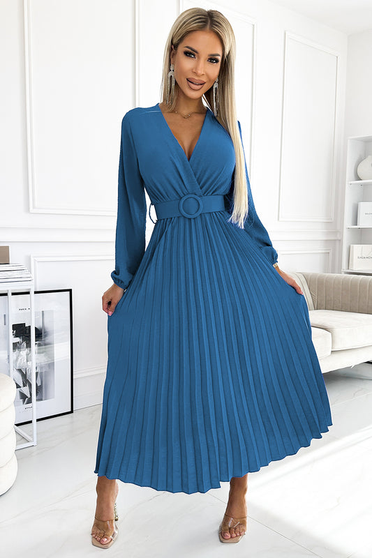 504-5 VIVIANA Pleated midi dress with a neckline; long sleeves and a wide belt - JEANS